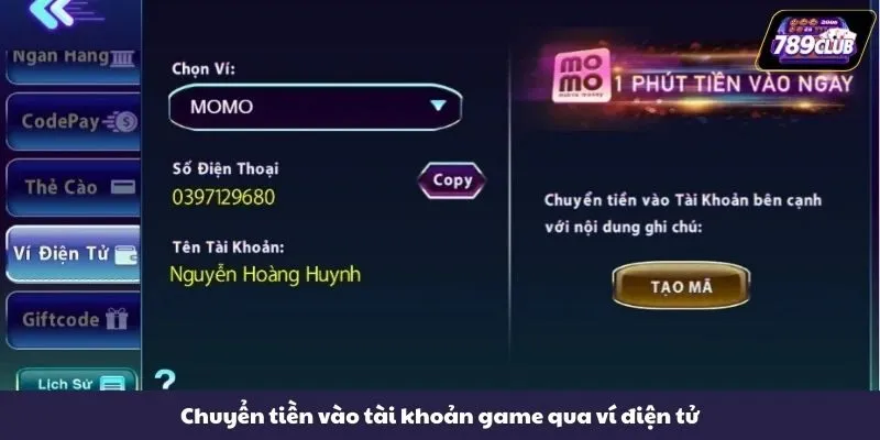 Chuyển tiền vào tài khoản game qua ví điện tử